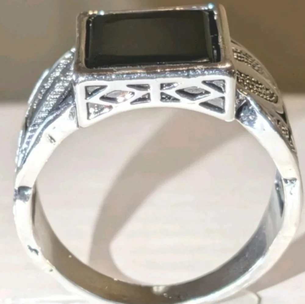 14k White gold Plated Over Sterling silver Turkish Gemstone Black Onyx Mens Ring